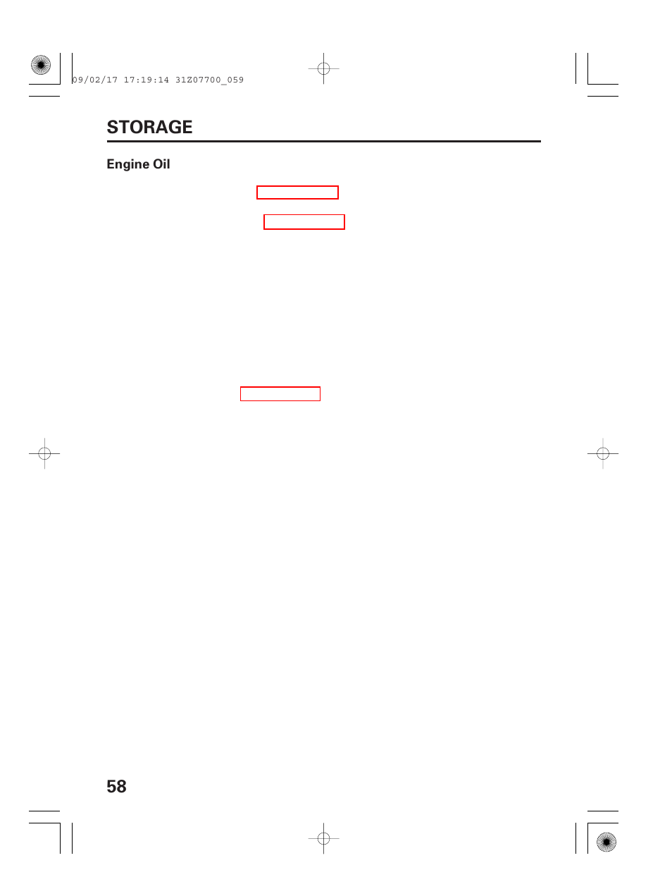 Engine oil, 58 storage | HONDA GENERATOR EU2000i User Manual | Page 60 / 92