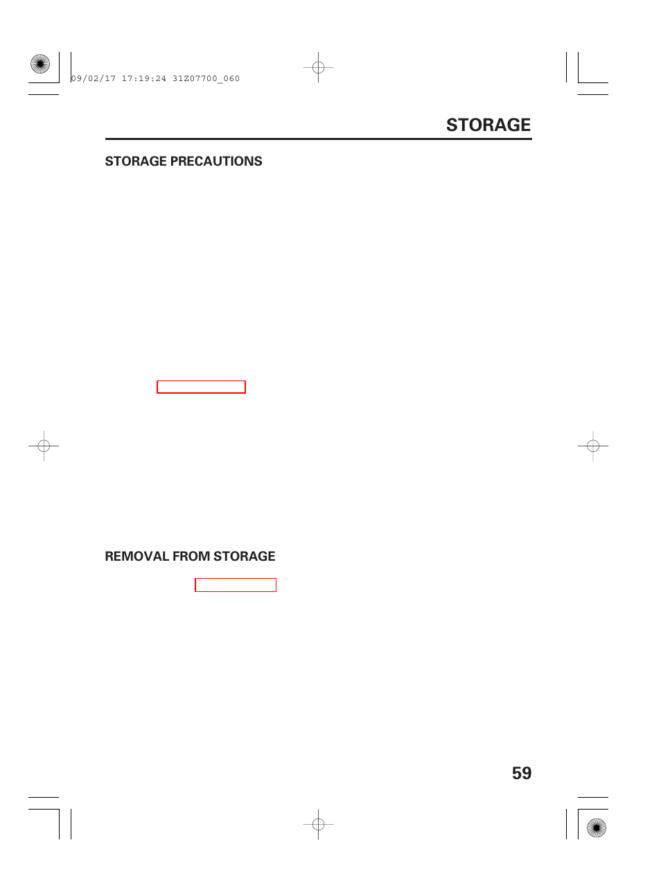 Storage precautions, Removal from storage, 59 storage | HONDA GENERATOR EU2000i User Manual | Page 61 / 92