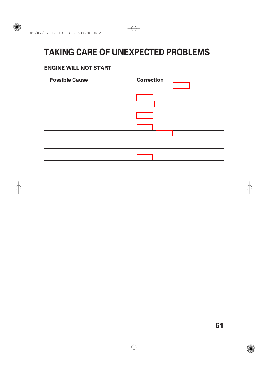 Taking care of unexpected problems, Engine will not start | HONDA GENERATOR EU2000i User Manual | Page 63 / 92