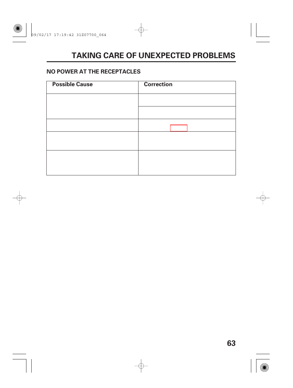 No power at the receptacles, 63 taking care of unexpected problems | HONDA GENERATOR EU2000i User Manual | Page 65 / 92