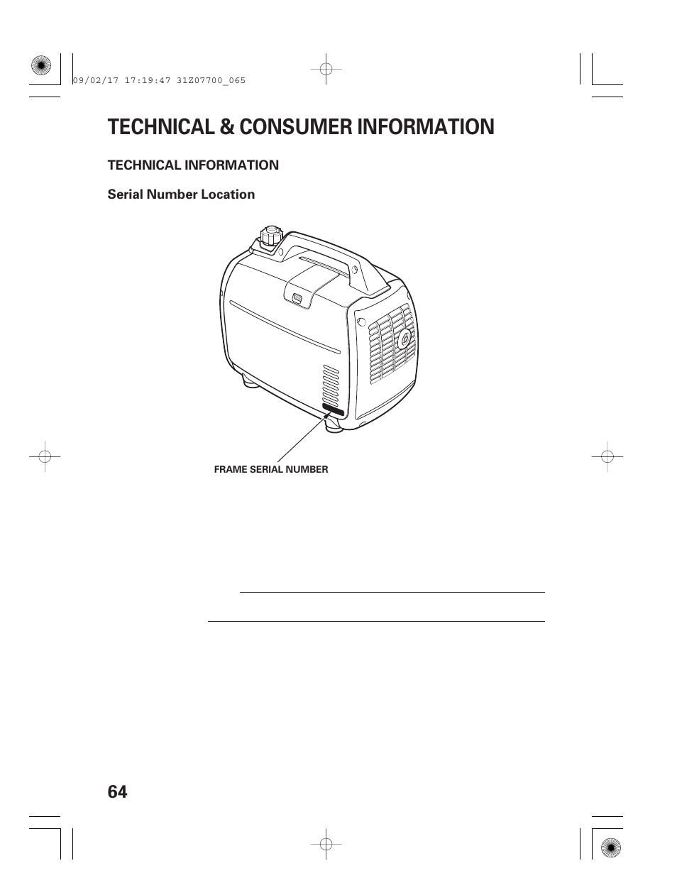 Technical & consumer information, Technical information, Serial number location | HONDA GENERATOR EU2000i User Manual | Page 66 / 92