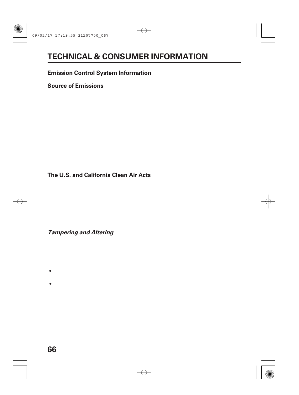 Emission control system information, 66 technical & consumer information | HONDA GENERATOR EU2000i User Manual | Page 68 / 92