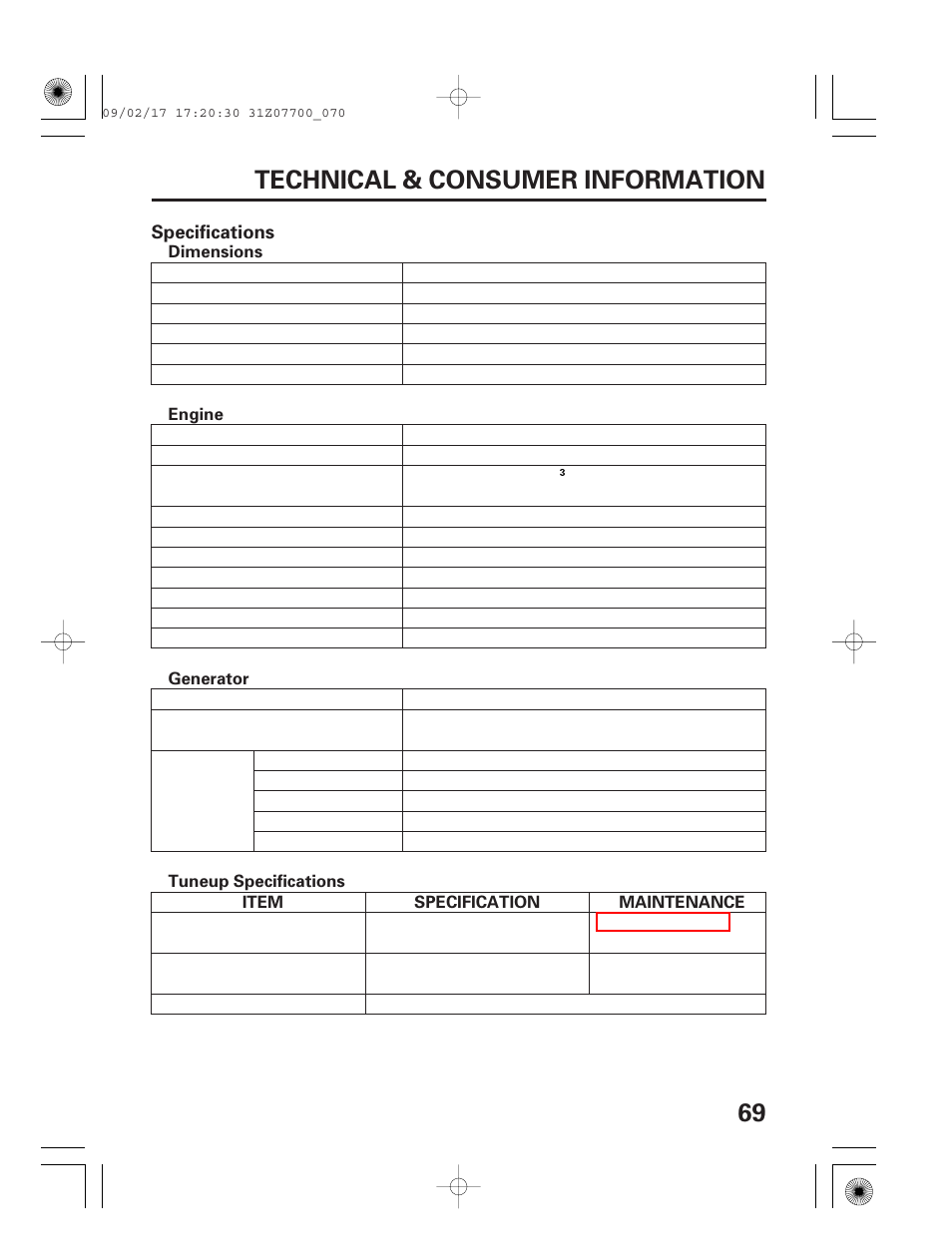 Specifications, 69 technical & consumer information | HONDA GENERATOR EU2000i User Manual | Page 71 / 92