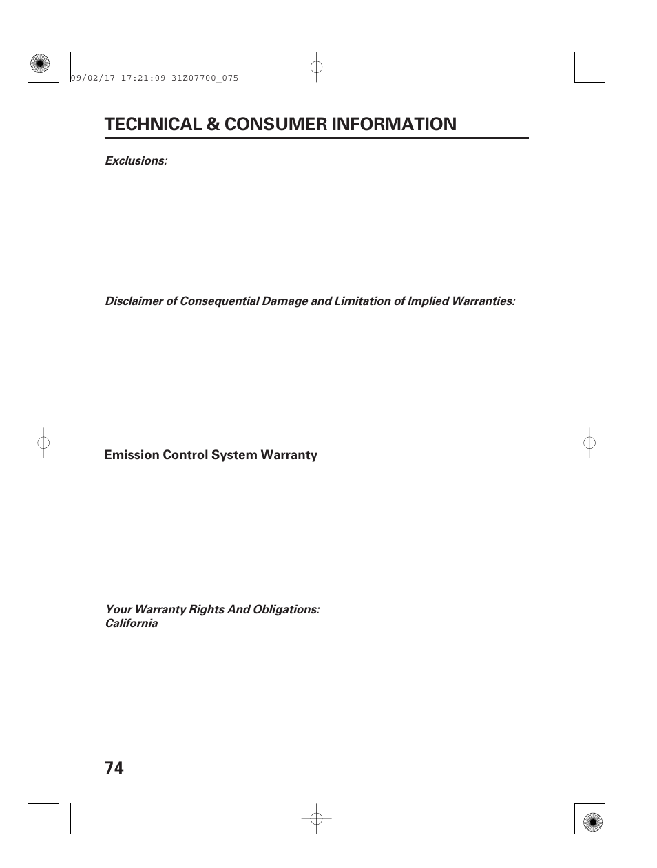 Emission control system warranty, 74 technical & consumer information | HONDA GENERATOR EU2000i User Manual | Page 76 / 92