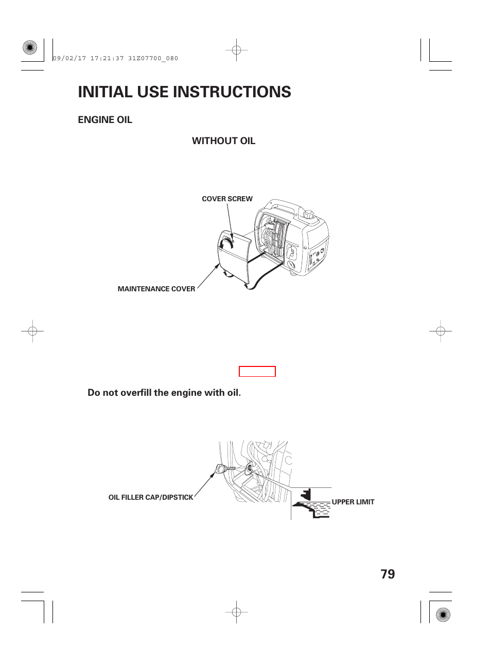 Initial use instructions, Engine oil | HONDA GENERATOR EU2000i User Manual | Page 81 / 92