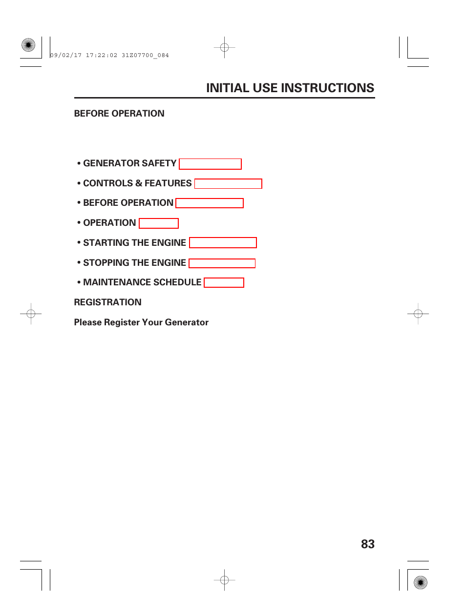 Before operation, Registration, 83 initial use instructions | HONDA GENERATOR EU2000i User Manual | Page 85 / 92