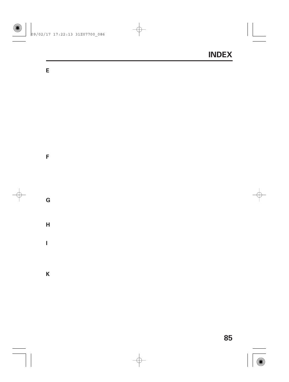 85 index | HONDA GENERATOR EU2000i User Manual | Page 87 / 92