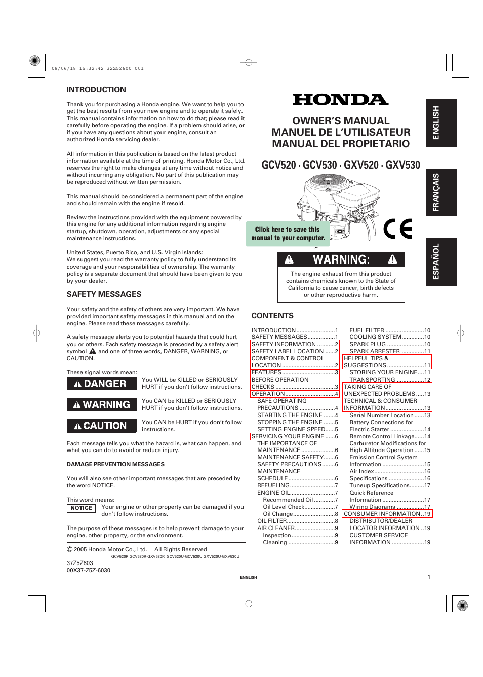 HONDA GXV520 User Manual | 58 pages