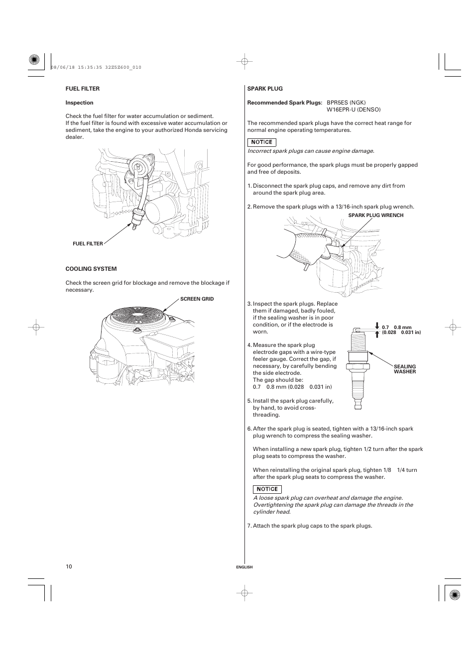 Fuel filter, Inspection, Cooling system | Spark plug, Recommended spark plugs | HONDA GXV520 User Manual | Page 10 / 58