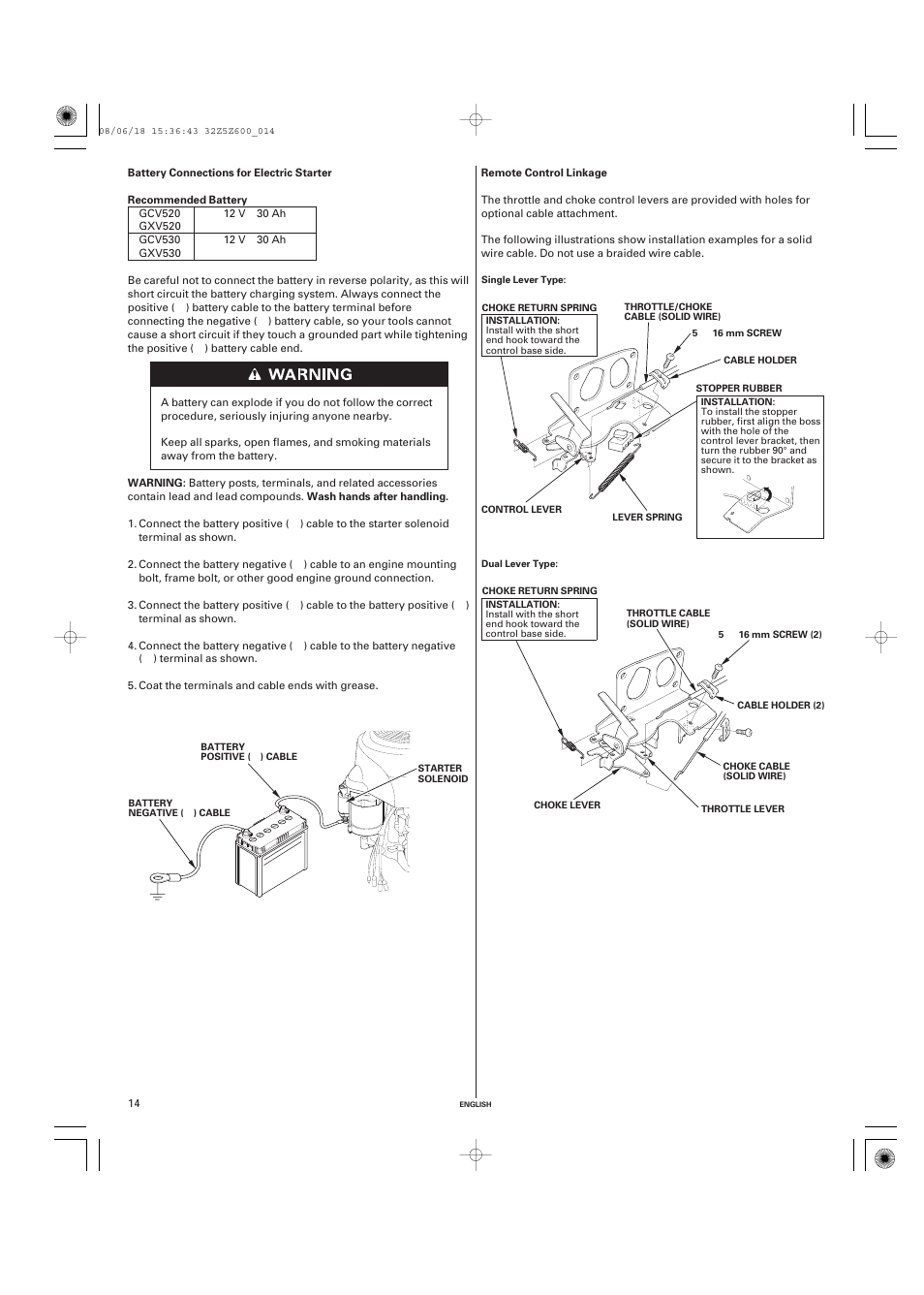 Battery connections for electric starter, Remote control linkage | HONDA GXV520 User Manual | Page 14 / 58