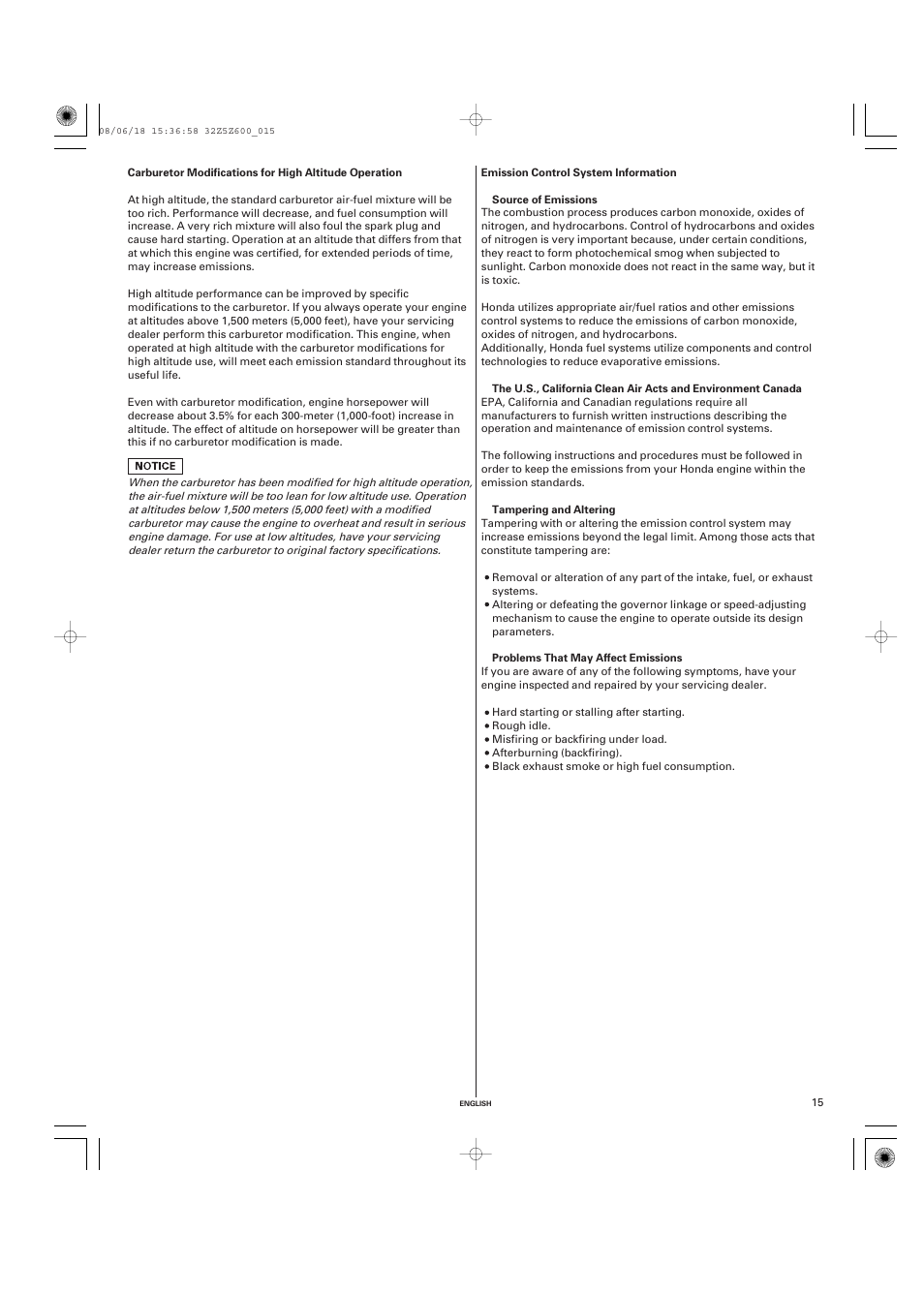 Emission control system information | HONDA GXV520 User Manual | Page 15 / 58