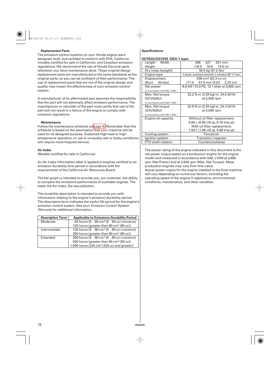 Air index, Specifications | HONDA GXV520 User Manual | Page 16 / 58