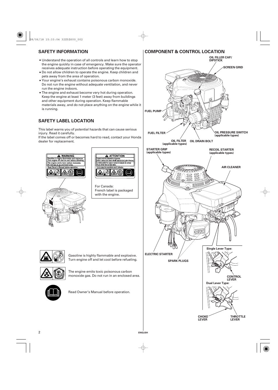 Safety information, Safety label location, Component & control location | Component & control, Location | HONDA GXV520 User Manual | Page 2 / 58