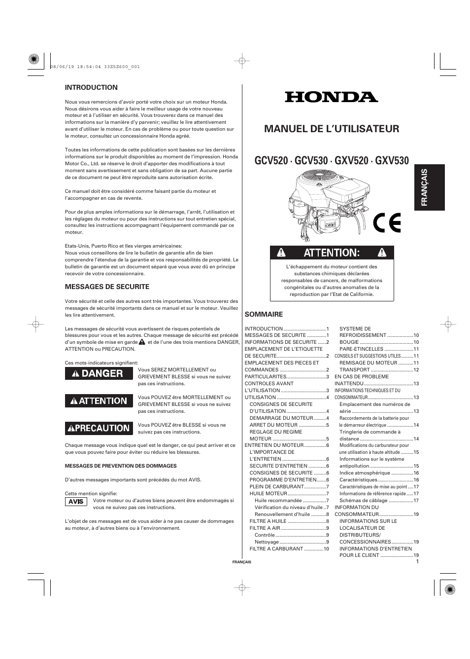 Français, Manuel de l’utilisateur, Fr anç a is | HONDA GXV520 User Manual | Page 21 / 58