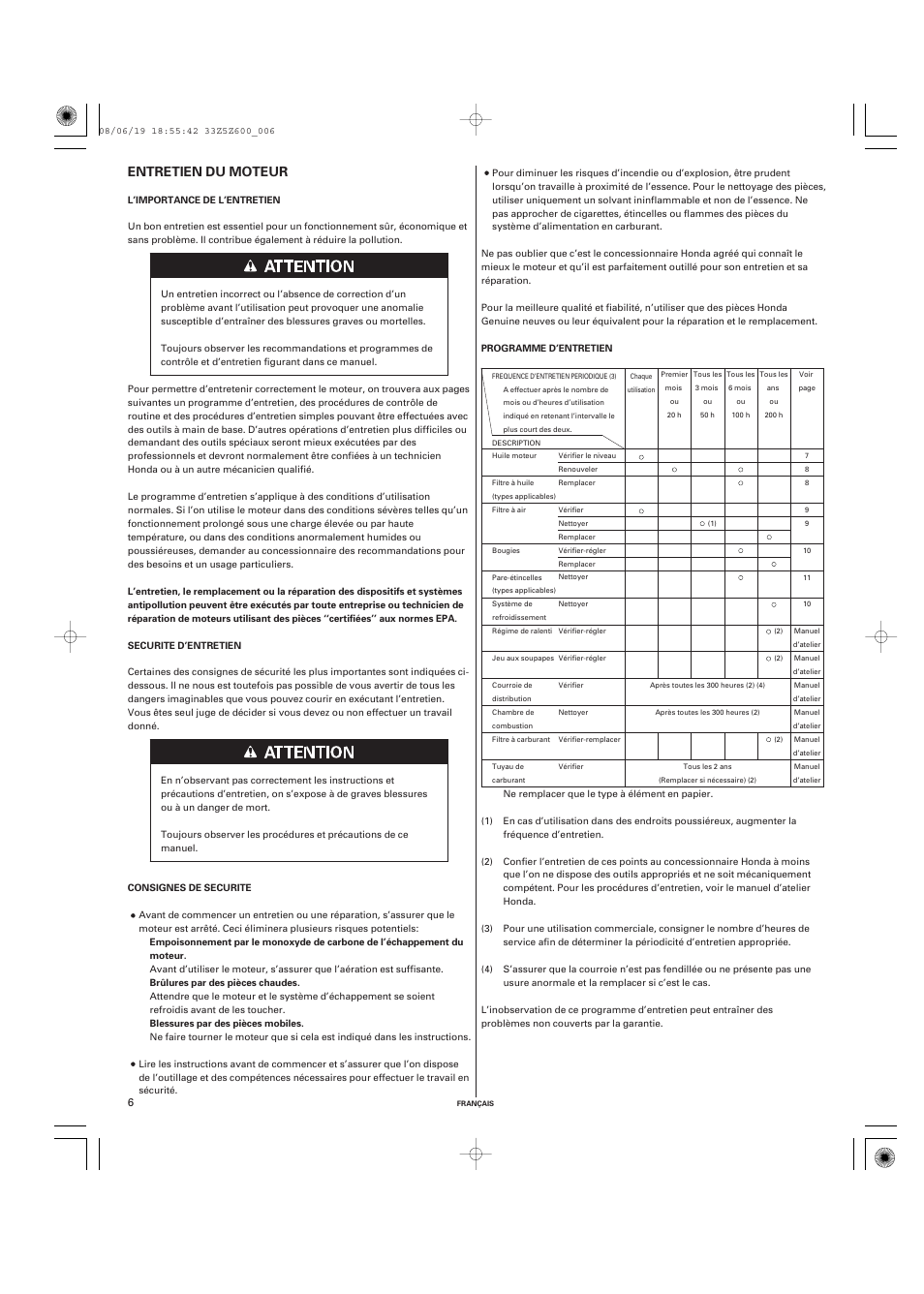 Entretien du moteur | HONDA GXV520 User Manual | Page 26 / 58