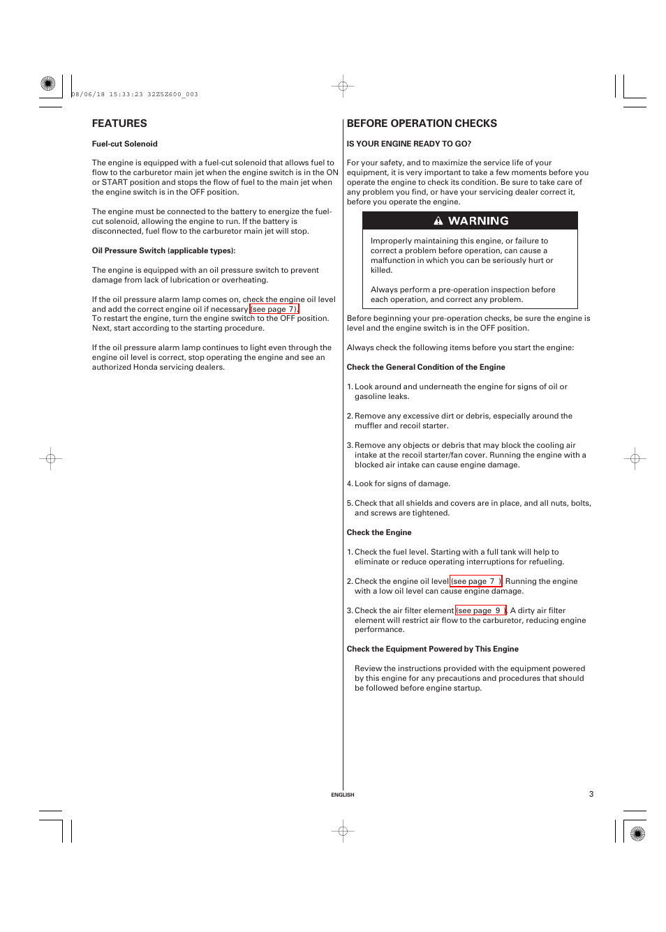 Features, Fuel-cut solenoid, Oil pressure switch (applicable types) | Before operation checks, Is your engine ready to go, Before operation, Checks, Before operation checks features | HONDA GXV520 User Manual | Page 3 / 58