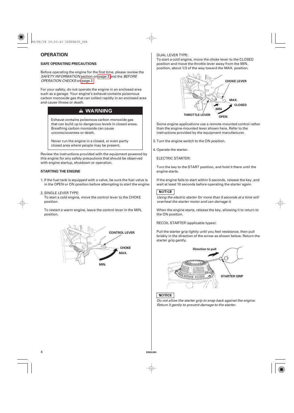 Operation, Safe operating precautions, Starting the engine | HONDA GXV520 User Manual | Page 4 / 58