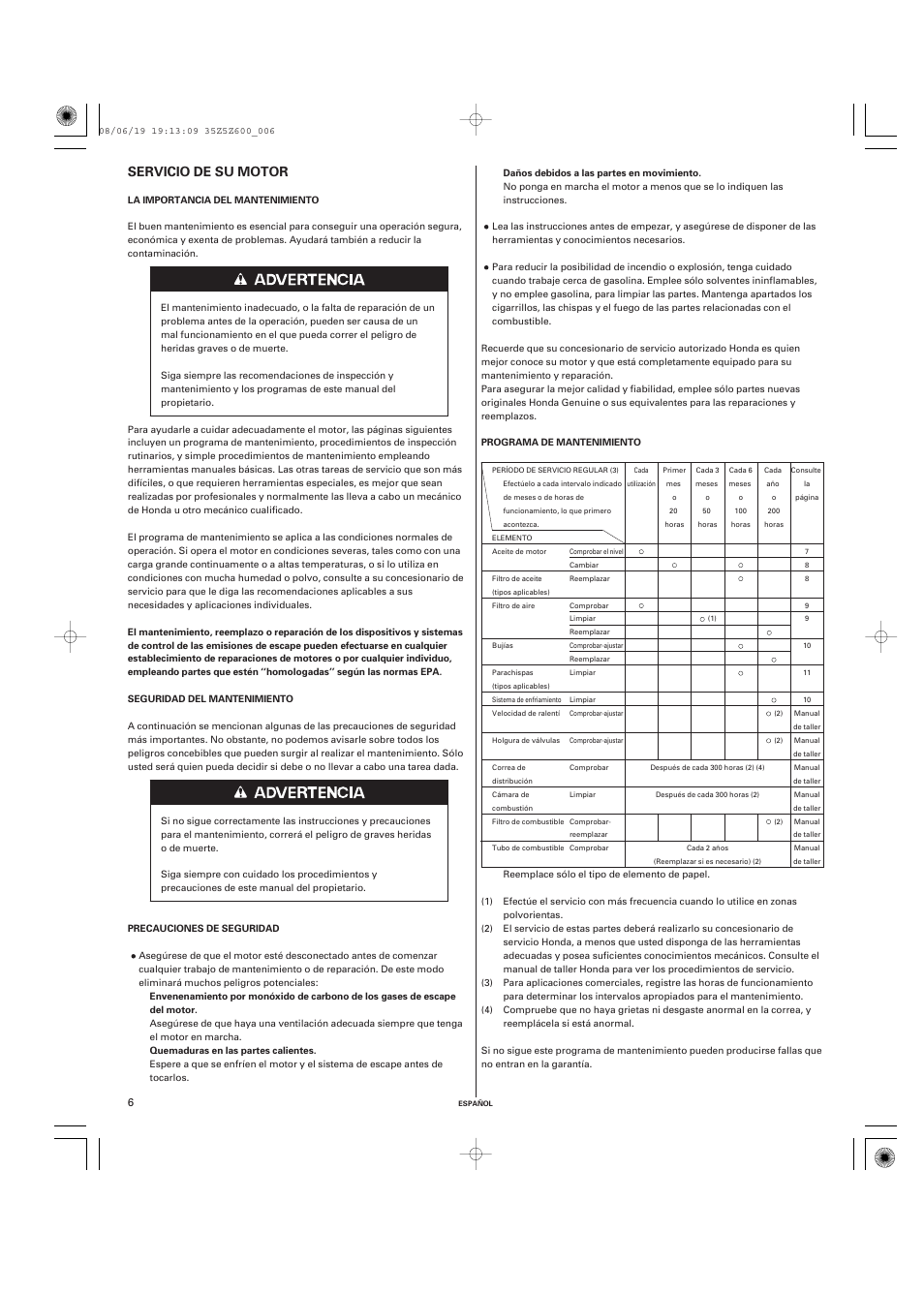 Servicio de su motor | HONDA GXV520 User Manual | Page 45 / 58