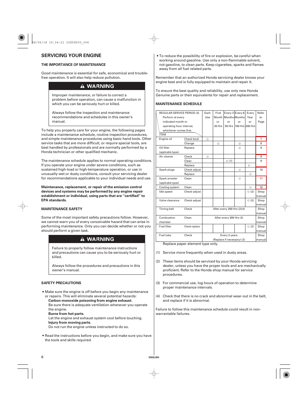 Servicing your engine, The importance of maintenance, Maintenance safety | Safety precautions, Maintenance schedule | HONDA GXV520 User Manual | Page 6 / 58