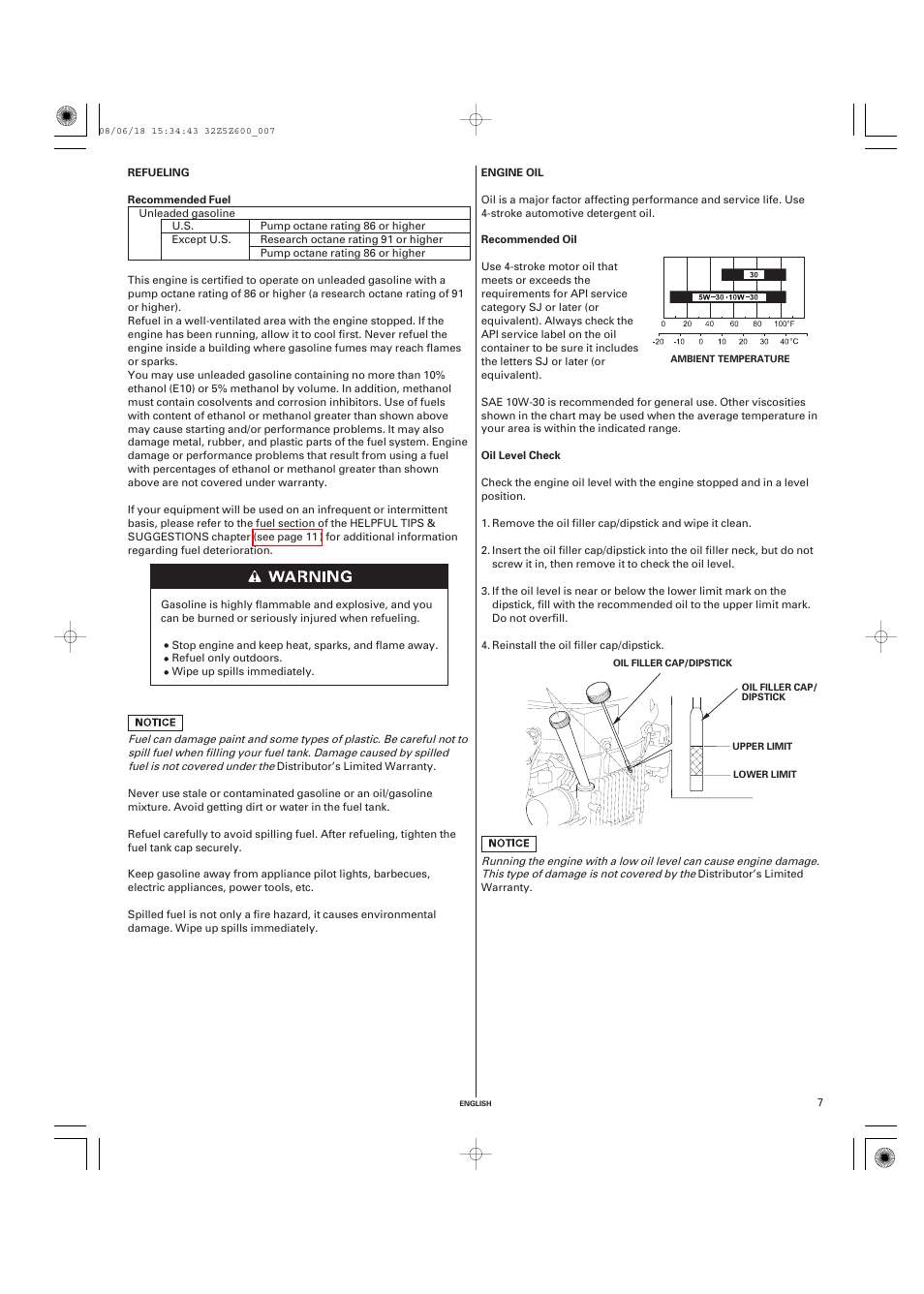 Refueling, Recommended fuel, Engine oil | Recommended oil, Oil level check | HONDA GXV520 User Manual | Page 7 / 58