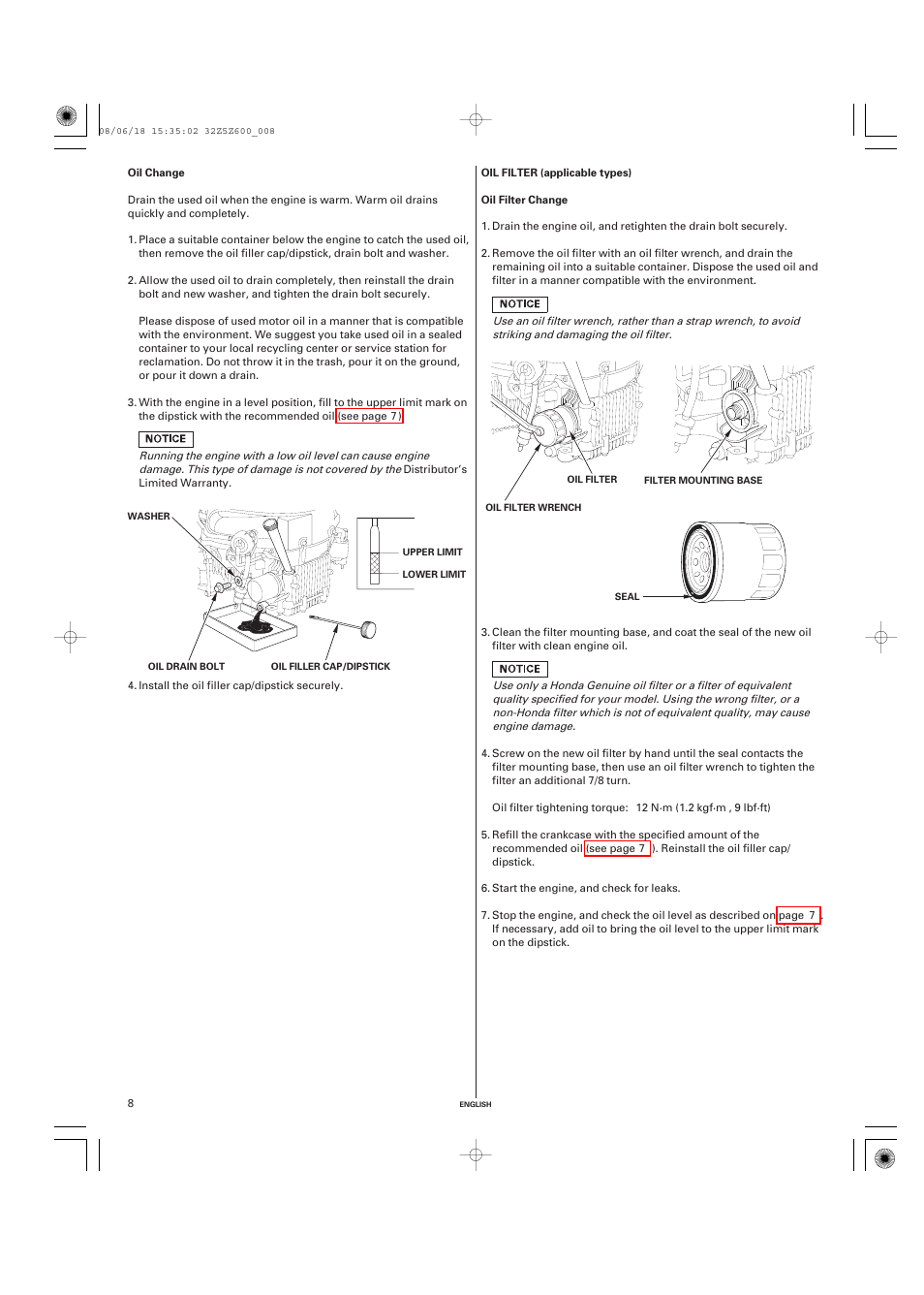 Oil change, Oil filter (applicable types), Oil filter change | HONDA GXV520 User Manual | Page 8 / 58