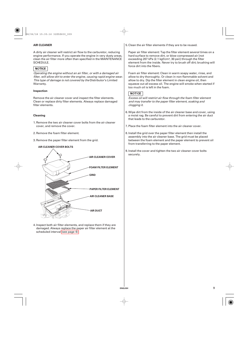 Air cleaner, Inspection, Cleaning | HONDA GXV520 User Manual | Page 9 / 58