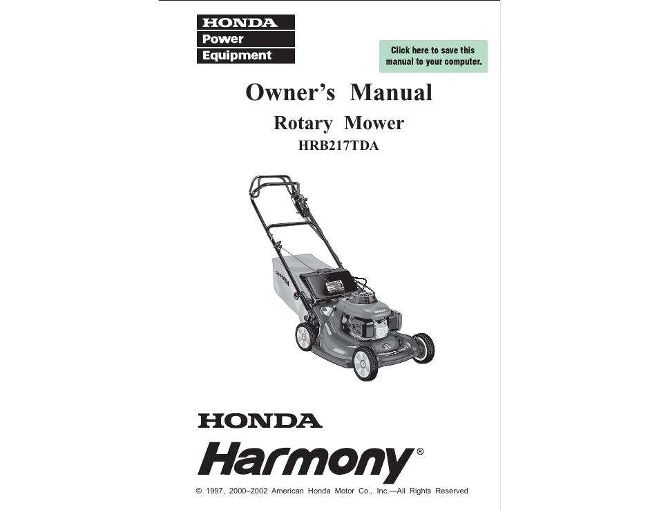 HONDA HARMONY HRB217TDA User Manual | 76 pages