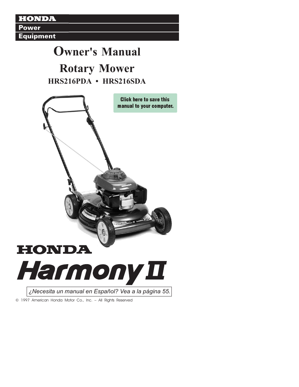 HONDA HARMONY II HRS216PDA User Manual | 64 pages