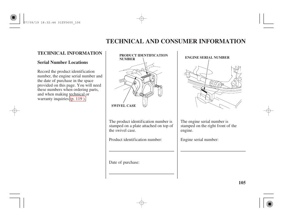 Technical and consumer information, Technical information, Serial number locations | Technical and consumer, Information | HONDA BF20D User Manual | Page 107 / 148