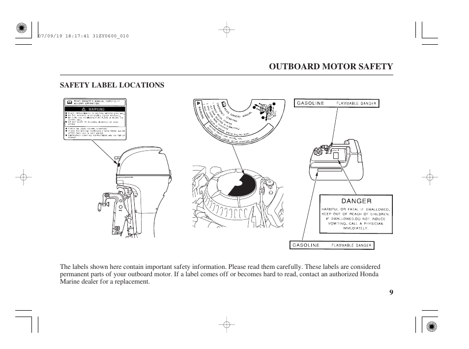 Safety label locations | HONDA BF20D User Manual | Page 11 / 148