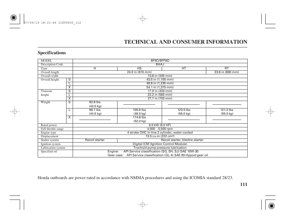 Specifications, Technical and consumer information, 111 specifications | HONDA BF20D User Manual | Page 113 / 148