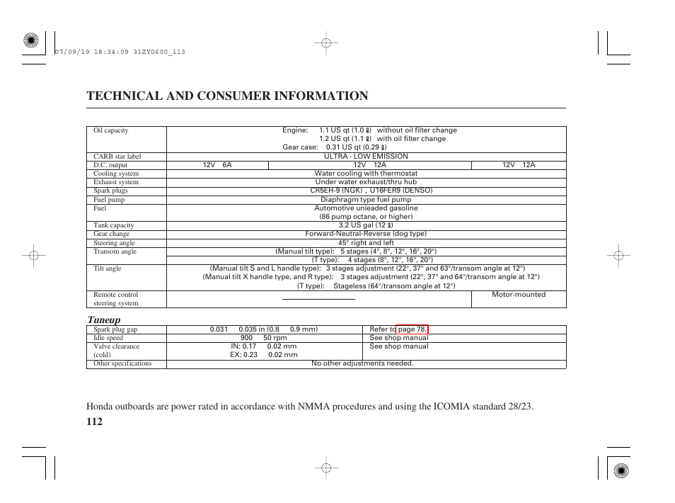 Technical and consumer information, Tuneup | HONDA BF20D User Manual | Page 114 / 148