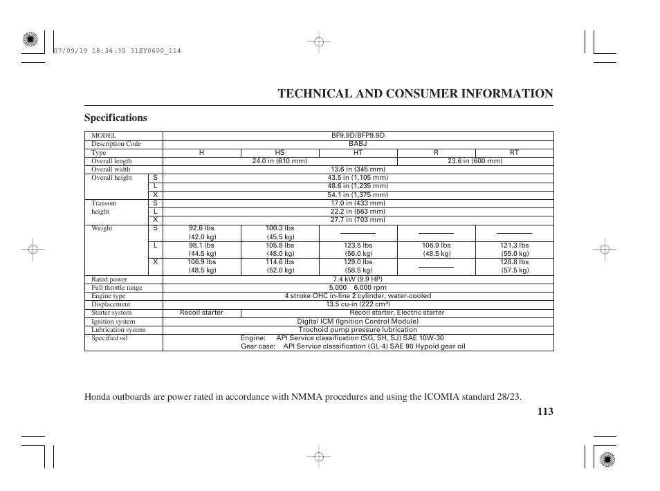 Technical and consumer information, 113 specifications | HONDA BF20D User Manual | Page 115 / 148