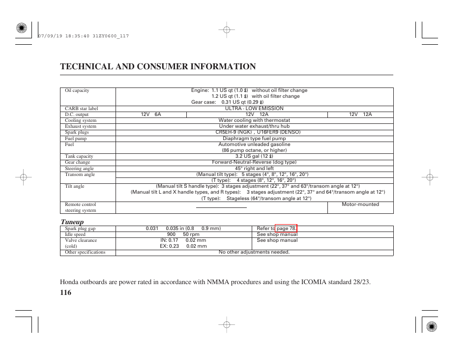 Technical and consumer information, Tuneup | HONDA BF20D User Manual | Page 118 / 148