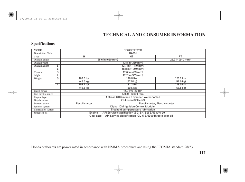 Technical and consumer information, 117 specifications | HONDA BF20D User Manual | Page 119 / 148