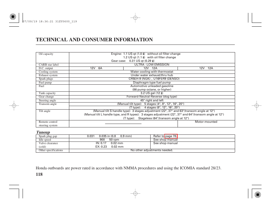 Technical and consumer information, Tuneup | HONDA BF20D User Manual | Page 120 / 148