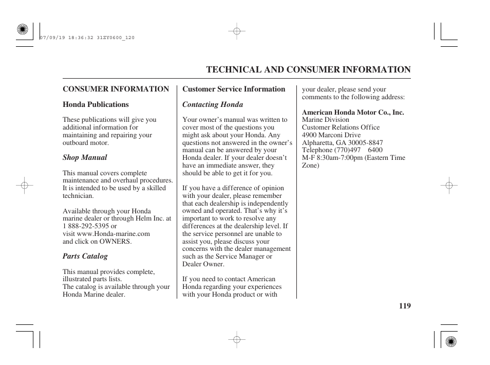 Consumer information, Honda publications, Customer service information | HONDA BF20D User Manual | Page 121 / 148