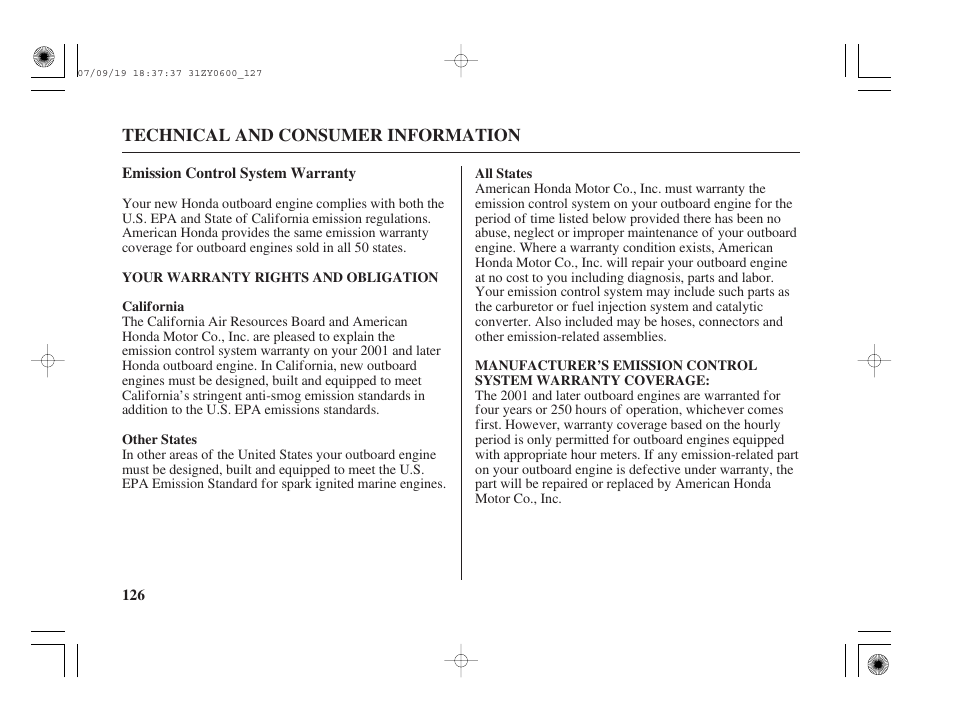 Emission control system warranty | HONDA BF20D User Manual | Page 128 / 148
