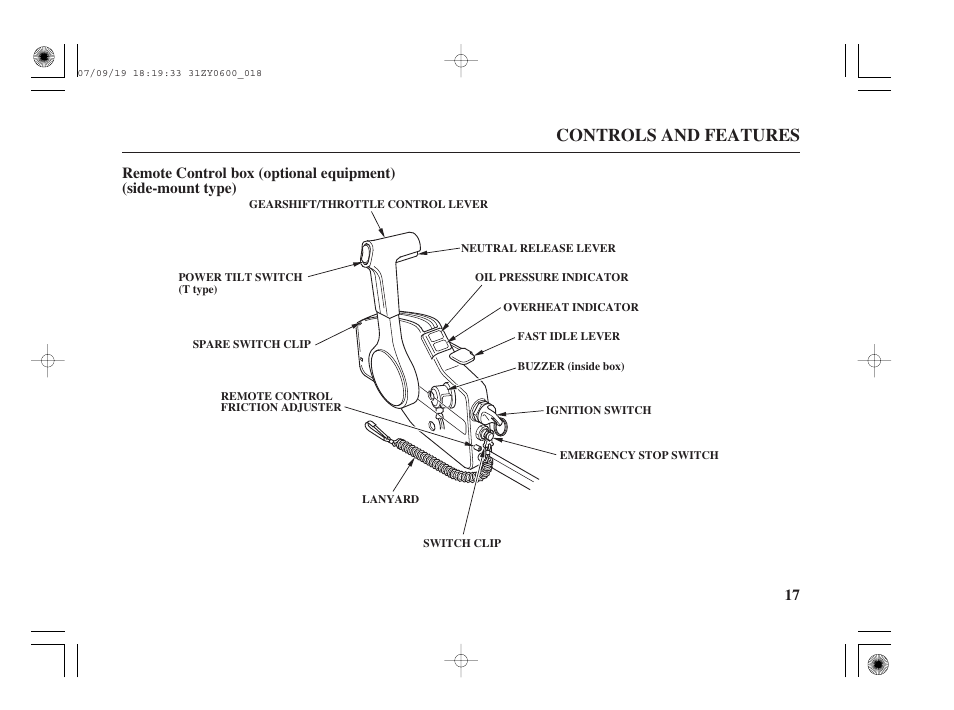 Remote control box (optional equipment), Controls and features | HONDA BF20D User Manual | Page 19 / 148