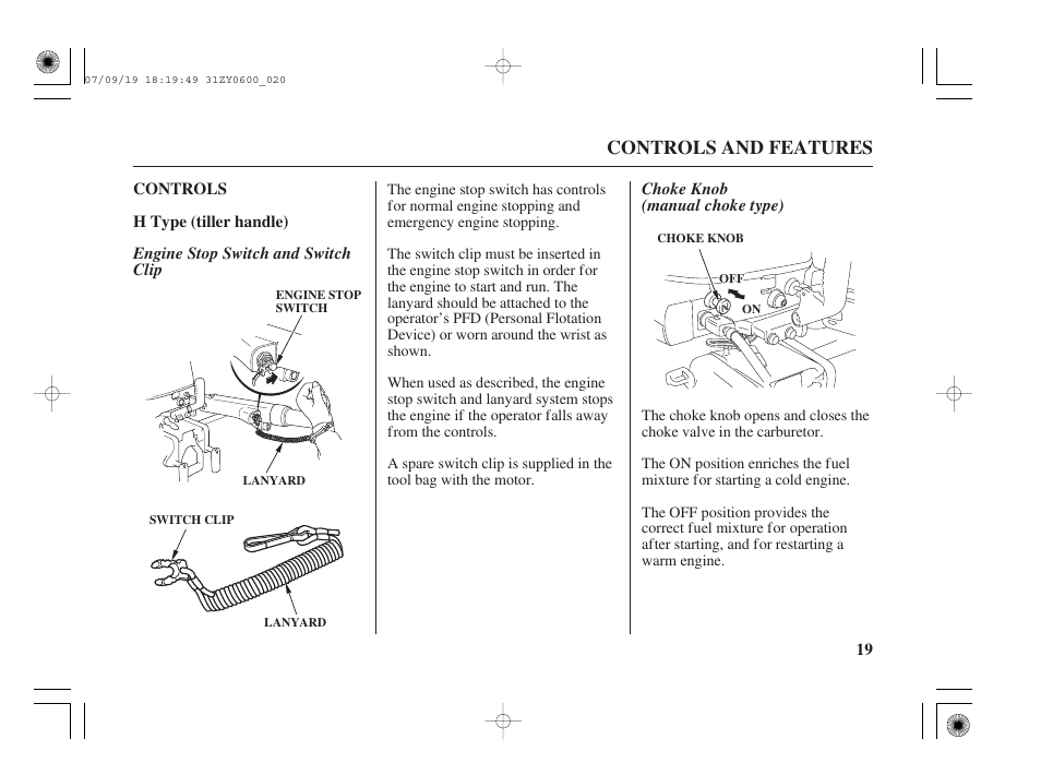 Controls, H type (tiller handle), Engine stop switch and switch clip | Choke knob (manual choke type), Controls and features | HONDA BF20D User Manual | Page 21 / 148