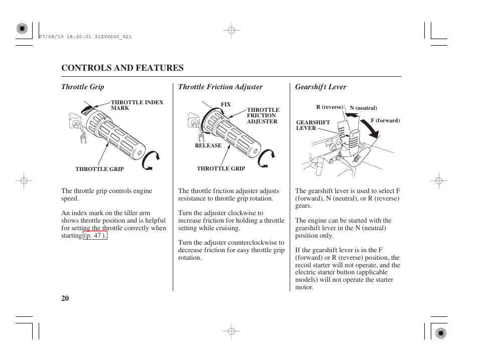 Throttle grip, Throttle friction adjuster, Gearshift lever | Controls and features | HONDA BF20D User Manual | Page 22 / 148