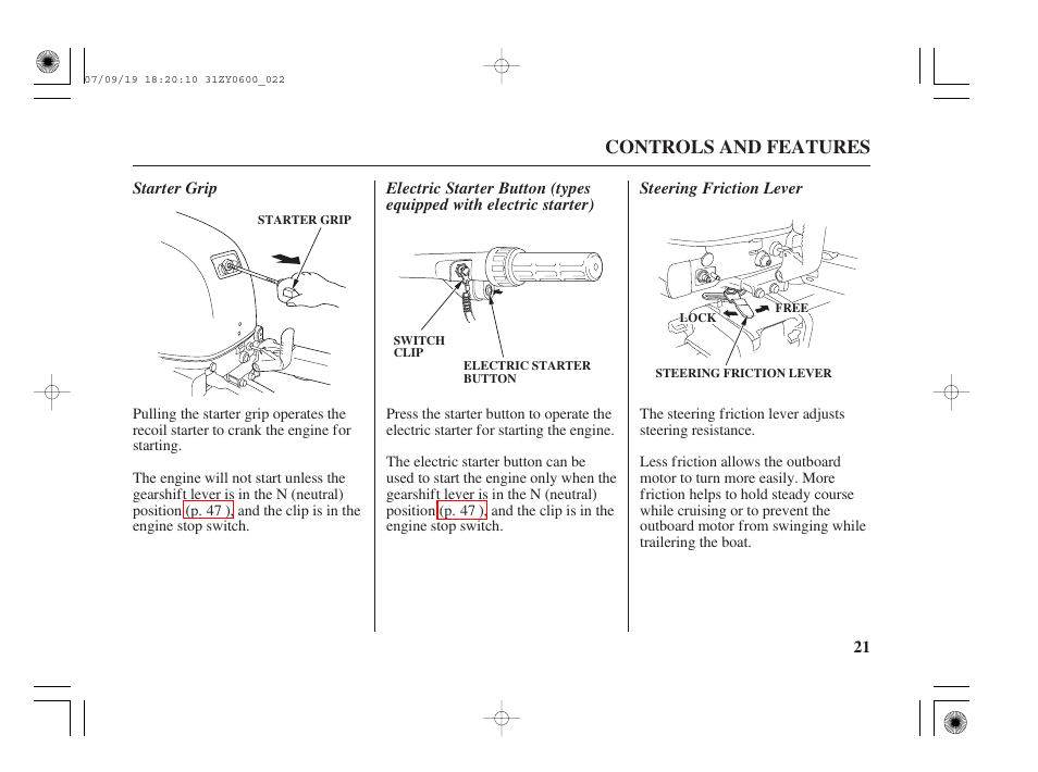 Starter grip, Steering friction lever, Controls and features | HONDA BF20D User Manual | Page 23 / 148