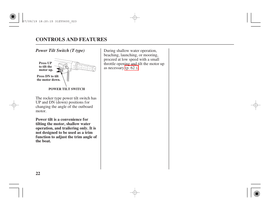 Power tilt switch (t type), Controls and features | HONDA BF20D User Manual | Page 24 / 148