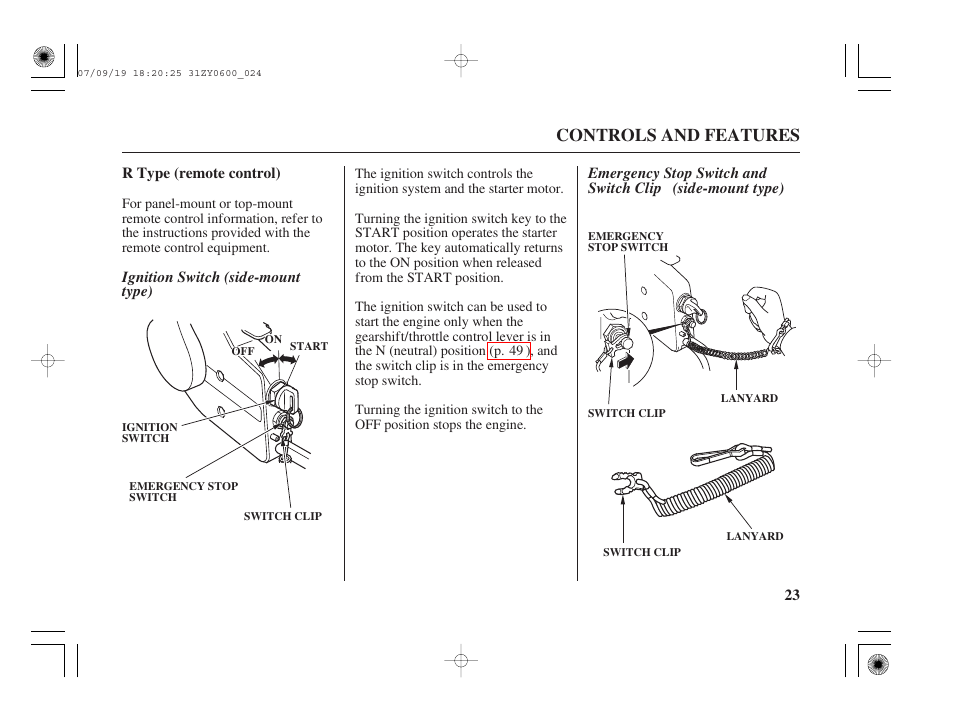 R type (remote control), Ignition switch (side-mount type), Controls and features | HONDA BF20D User Manual | Page 25 / 148