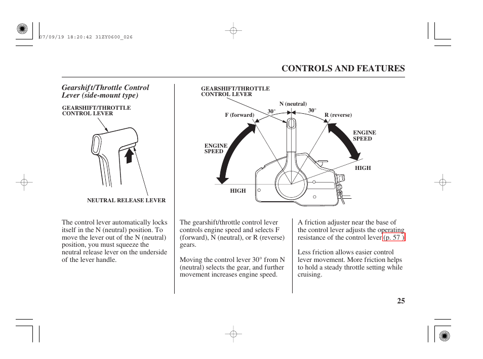 Gearshift/throttle control lever (side-mount type), Controls and features | HONDA BF20D User Manual | Page 27 / 148