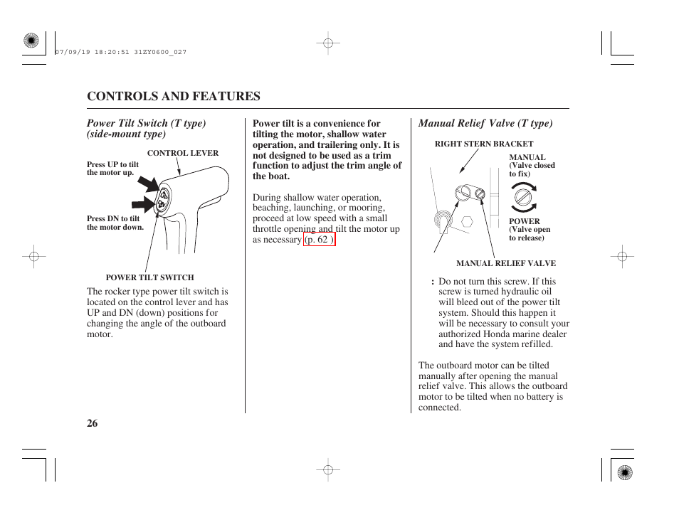 Power tilt switch (t type) (side-mount type), Manual relief valve (t type), Controls and features | HONDA BF20D User Manual | Page 28 / 148