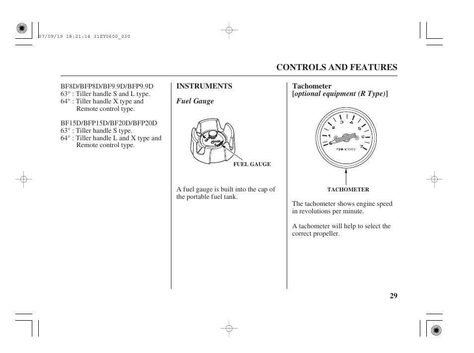 Instruments, Fuel gauge, Tachometer | HONDA BF20D User Manual | Page 31 / 148