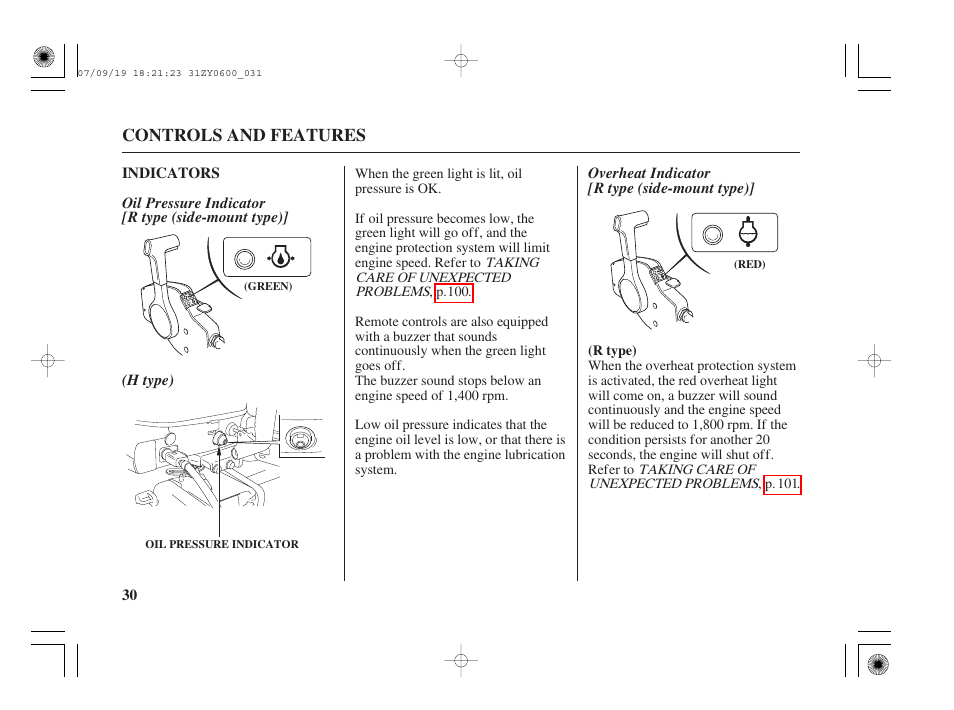 Indicators, Oil pressure indicator, Overheat indicator | HONDA BF20D User Manual | Page 32 / 148