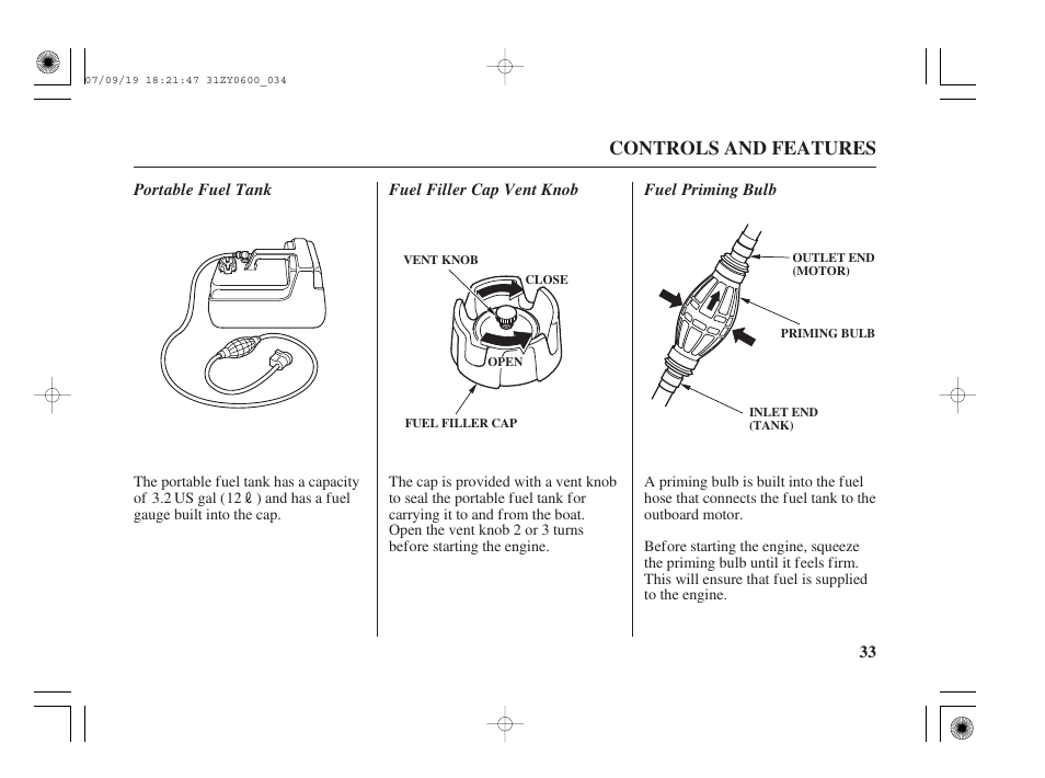 Portable fuel tank, Fuel filler cap vent knob, Fuel priming bulb | Controls and features | HONDA BF20D User Manual | Page 35 / 148