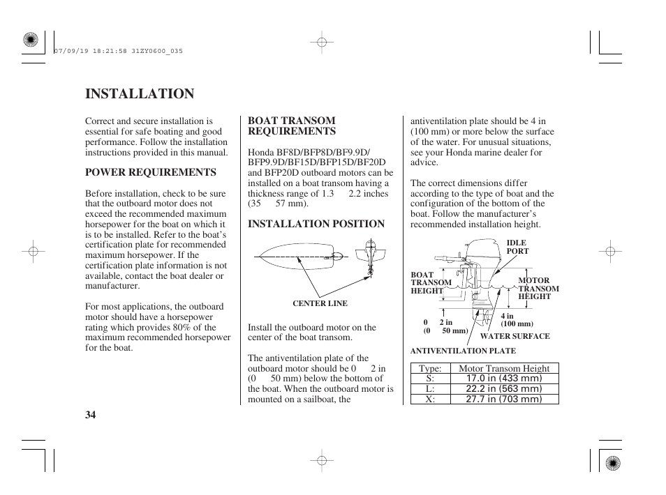 Installation, Power requirements, Boat transom requirements | Installation position | HONDA BF20D User Manual | Page 36 / 148